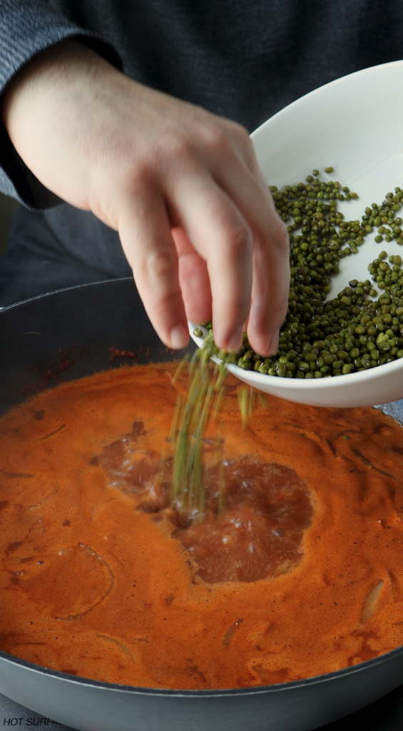 Add mung beans and water, and boil until mung beans are soft, adding additional water as needed. 